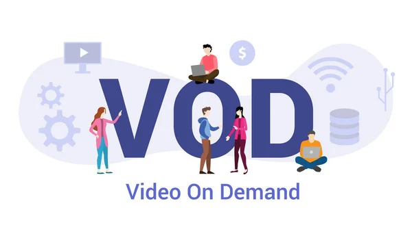 VOD video on demand technológia fogalmát nagy szó vagy szöveg és a csapat az emberek a modern lakás Style-vektor — Stock Vector