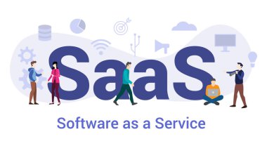saas software as a service concept with big word or text and team people with modern flat style - vector clipart