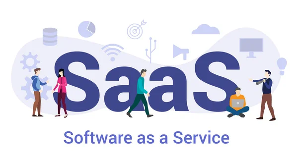 Saas software как концепция сервиса с большим словом или текстом и командой людей с современным плоским стилем - вектор — стоковый вектор