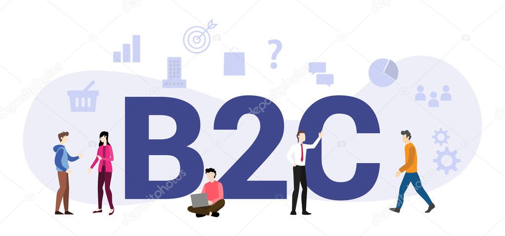 b2c business to consumer concept with big word or text and team people with modern flat style - vector