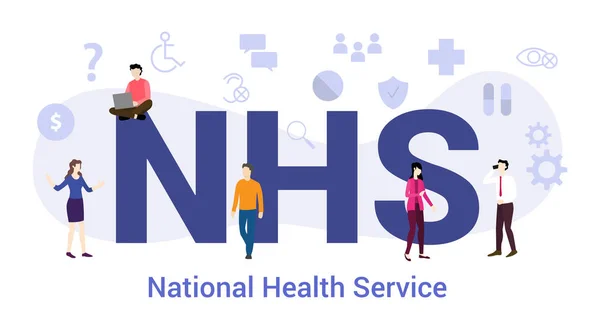 Nhs concepto de servicio nacional de salud con gran palabra o texto y personas de equipo con estilo plano moderno - vector — Vector de stock