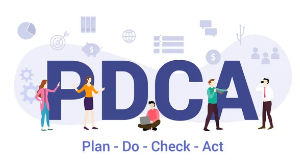 Pdca plan do check act concept with big word or text and team people with modern flat style - vector — Vetor de Stock