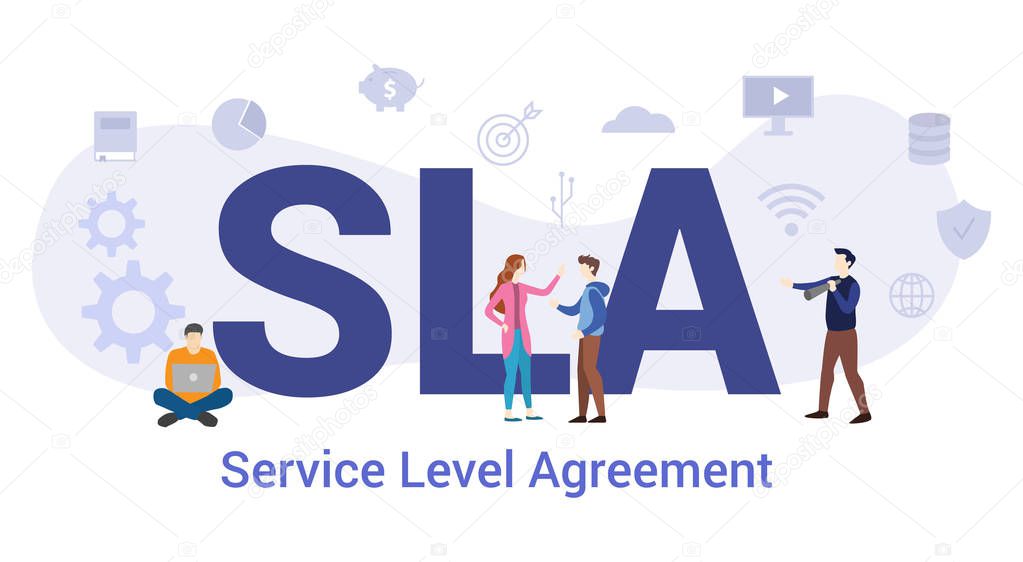 sla service level agreement concept with big word or text and team people with modern flat style - vector
