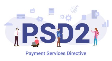psd2 ödeme hizmetleri direktif kavramı büyük kelime veya metin ve modern düz stile sahip ekip insanları - vektör