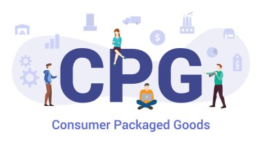 Cpg tüketici ambalajlı mal konsepti büyük kelime veya metin ve modern düz stile sahip ekip insanları -