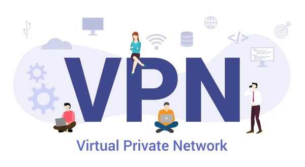 Vpn conceito de rede privada virtual com palavra grande ou texto e pessoas de equipe com estilo plano moderno - vetor — Vetor de Stock