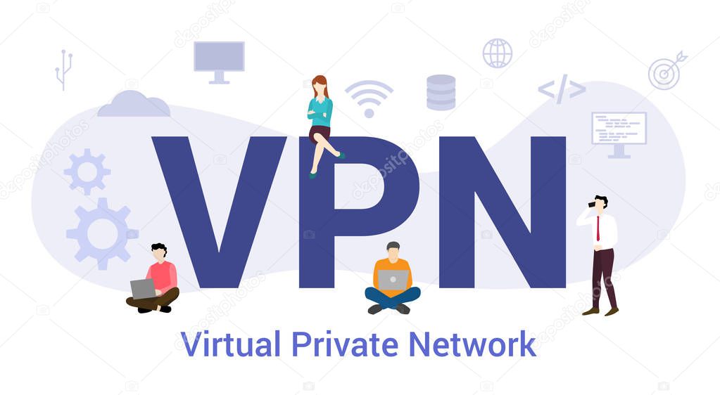 vpn virtual private network concept with big word or text and team people with modern flat style - vector