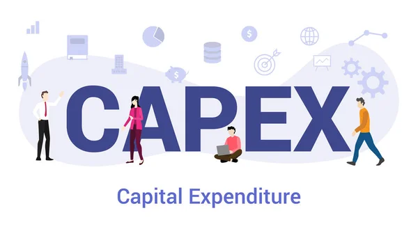 Capex concepto de gasto de capital con gran palabra o texto y personas de equipo con estilo plano moderno - vector — Vector de stock