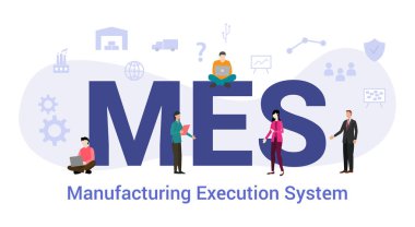 mes manufacturing execution system concept with big word or text and team people with modern flat style - vector