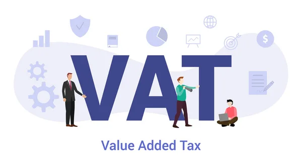 Vat valor acrescentado conceito fiscal com palavra grande ou texto e pessoas em equipe com estilo plano moderno - vetor —  Vetores de Stock