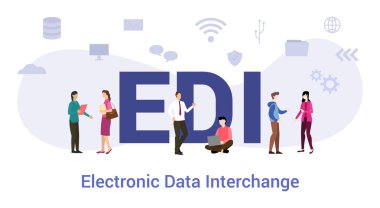 EDİ elektronik veri değişimi kavramı büyük kelime ya da metin ve modern düz stile sahip ekip elemanları - vektör