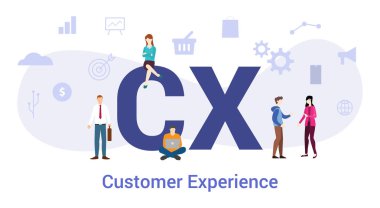 cx müşteri deneyimi kavramı büyük kelime veya metin ve modern düz stile sahip takım insanlar - vektör