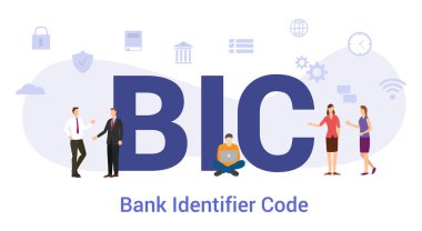 Büyük kelime ya da metin ile bic banka tanımlayıcı kod kavramı ve modern düz stile sahip takım insanları - vektör