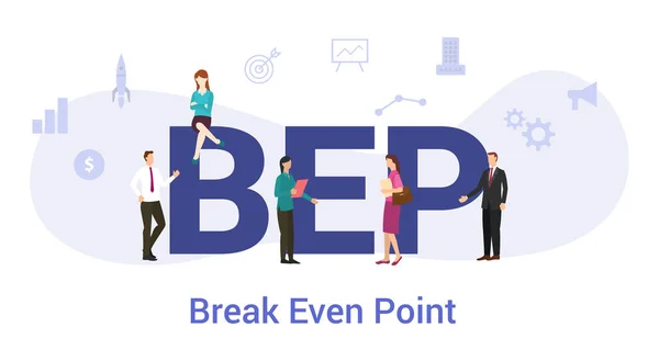Bep break even concept de point avec grand mot ou texte et les gens de l'équipe avec style plat moderne vecteur — Image vectorielle
