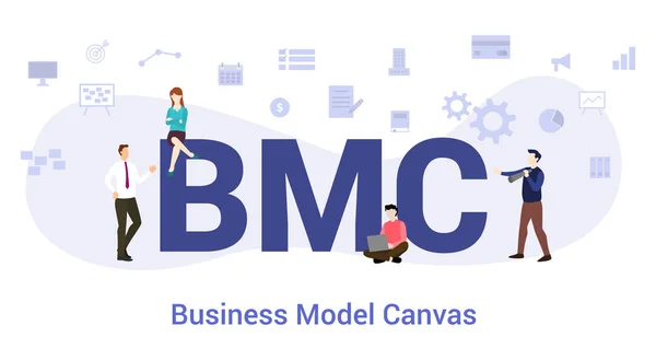 Concepto de lona modelo de negocio bmc con gran palabra o texto y equipo de personas con estilo plano moderno - vector — Vector de stock