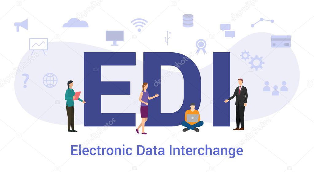 edi electronic data interchange concept with big word or text and team people with modern flat style - vector