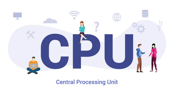 Cpu central processing unit concept with big word or text and team people with modern flat style - vector — Stok Vektör