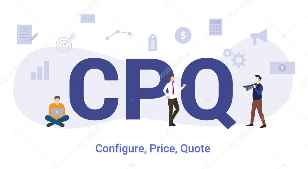 cpq configure price quote concept with big word or text and team people with modern flat style - vector