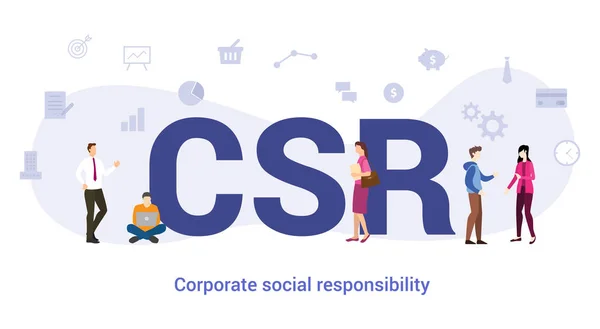 Csr concept de responsabilité sociale d'entreprise avec grand mot ou texte et les gens de l'équipe avec style plat moderne - vecteur — Image vectorielle