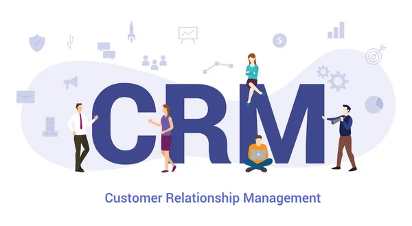 Crm customer relationship management concept with big word or text and team people with modern flat style - vector — Stok Vektör
