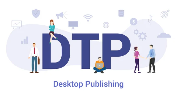 Dtp desktop publishing concept con big word o testo e team di persone con stile piatto moderno - vettore — Vettoriale Stock