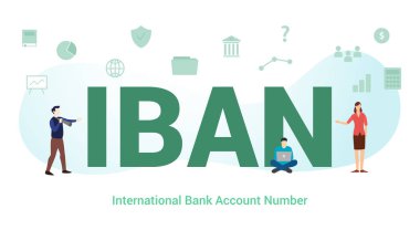 Iban uluslararası banka hesap numarası konsepti büyük kelime veya metin ve modern düz stile sahip takım insanları - vektör