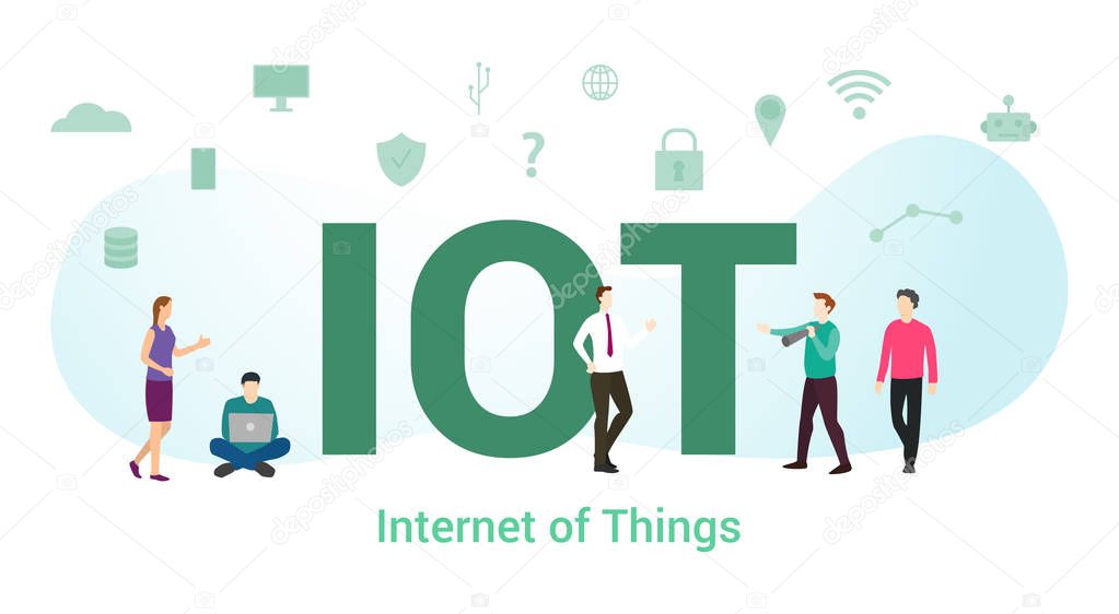 iot internet of things concept with big word or text and team people with modern flat style - vector