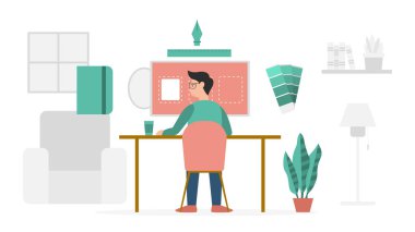 Modern düz stil ve minimalist yeşil renk temalı tasarım araçları veya grafik tasarımcısı konsepti