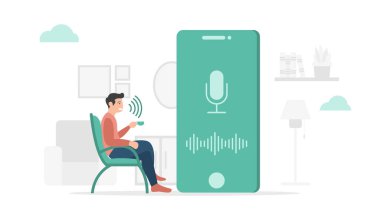 ses kontrol teknolojisi uygulama donanımı akıllı telefonda modern düz stil ve minimalist yeşil renk tema vektörü
