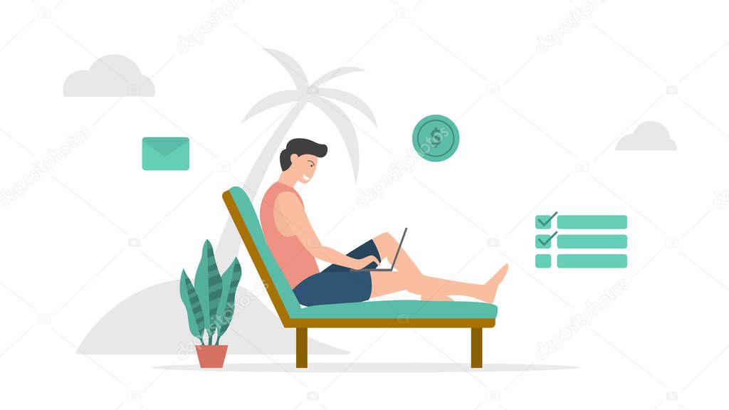 digital nomad freelancer work on beach with modern flat style and minimalist green color theme vector