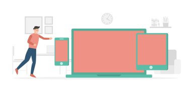 Web cihazlı adam mobil teknoloji internet akıllı telefon tablet laptop modern düz çizgi film tarzı