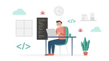 Dizüstü bilgisayar kodlama web geliştirme yazılım mobil masaüstü platformları üzerinde çalışan programcı modern düz çizgi film tarzı vektör tasarımı