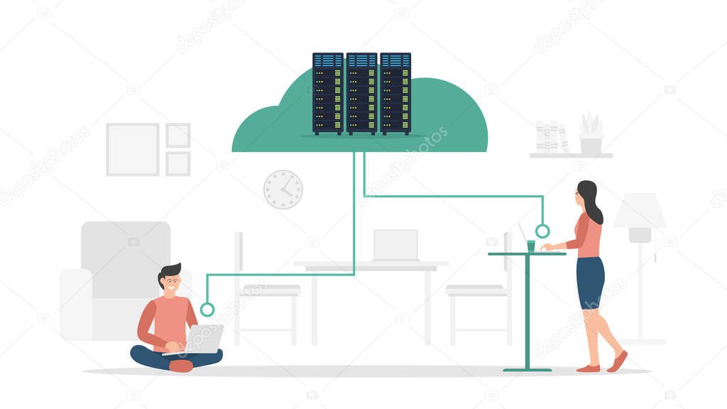 Men and women utilize cloud hosting server cluster to maintain website performance modern flat cartoon style vector design illustration