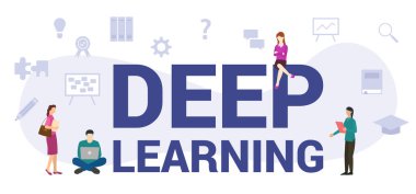 Modern büyük metin ya da kelime ile derin öğrenim kavramı ve simge ile ilgili modern düz stile sahip insanlar