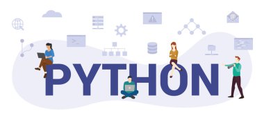 Python programming language concept with modern big text or word and people with icon related modern flat style vector clipart svg vector 