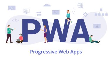 pwa yenilikçi web uygulaması kavramı modern büyük metin veya kelime ve simgeyle ilgili modern düz stile sahip insanlar