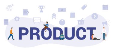 Modern büyük metin ya da sözcüğe sahip ürün konsepti ve simgeyle ilgili modern düz stile sahip insanlar