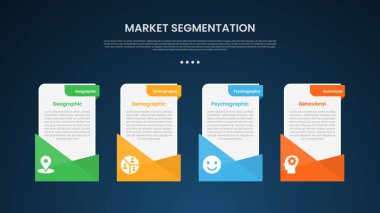 Yaratıcı dipnot tasarımlı dikey kutucuk tablosu ile piyasa segmentasyonu bilgi şablonu sunum vektörü için 4 noktalı karanlık arkaplan biçimi