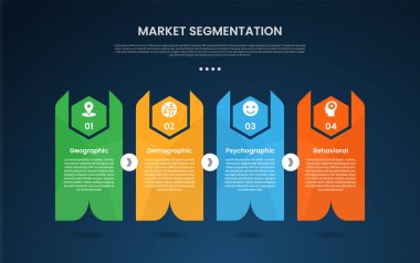 piyasa segmentasyon bilgi şablonu keskin ok ile yaratıcı blok şekli ve slayt sunum vektörü için 4 noktalı altıgen arkaplan biçimi