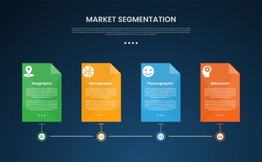 Zaman çizgisi biçimi biçimi yatay kutulu pazar segmentasyon bilgi şablonu slayt sunum vektörü için 4 noktalı karanlık arkaplan biçimi