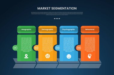 piyasa segmentasyonu bilgisel şablon ile yaratıcı tablo kutu kenarlı koyu arkaplan biçimi ile slayt sunum vektörü için 4 nokta