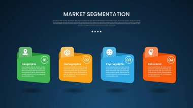Dizin kutusu kabı ile piyasa segmentasyon bilgi şablonu gölge alt ve yatay yön karanlık arkaplan biçimi slayt sunum vektörü için 4 nokta
