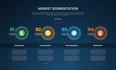 başlık tablosu olarak yaratıcı anahat çemberine sahip pazar segmentasyon bilgi şablonu slayt sunum vektörü için 4 noktalı karanlık arkaplan biçimi