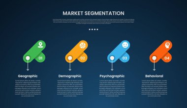 Yatay yönde yaratıcı yuvarlak dikdörtgen füzyon ile piyasa segmentasyonu bilgi şablonu slayt sunum vektörü için 4 noktalı karanlık arkaplan biçimi