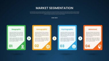 piyasa segmentasyon bilgi şablonu büyük kabın ucu sivri alt koyu arkaplan tarzında ve slayt sunum vektörü için 4 noktalı