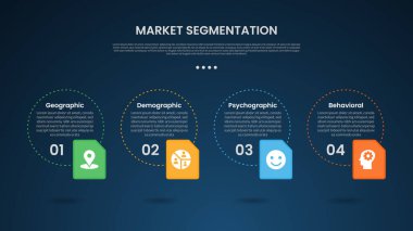 pazar segmentasyon bilgi şablonu büyük ana hatlı çember noktalı ve kutucuk simgesi kaplama biçiminde slayt sunum vektörü için 4 noktalı karanlık arkaplan