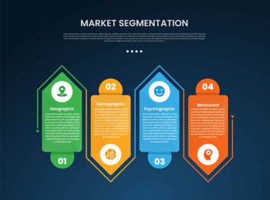 piyasa segmentasyonu bilgisel şablonu, slayt sunum vektörü için 4 noktalı, ana hatlarıyla aşağı ve yukarı koyu arkaplan biçimli yaratıcı ok kutusu şekilli