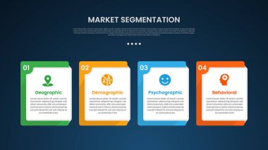 Yatay yönde yaratıcı kare kutulu piyasa segmentasyon bilgi şablonu slayt sunum vektörü için 4 noktalı karanlık arkaplan biçimi