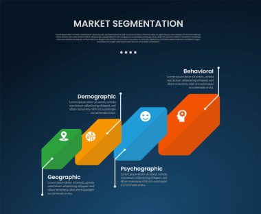 Satır tanımı bilgisi karanlık arkaplan biçimi ve slayt sunum vektörü için 4 noktalı yaratıcı uzun altıgen ile piyasa segmentasyonu bilgi şablonu