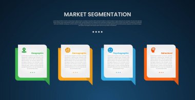 Yatay yönde çağrı kutusu karesi olan pazar segmentasyonu bilgi şablonu slayt sunum vektörü için 4 noktalı karanlık arkaplan biçimi